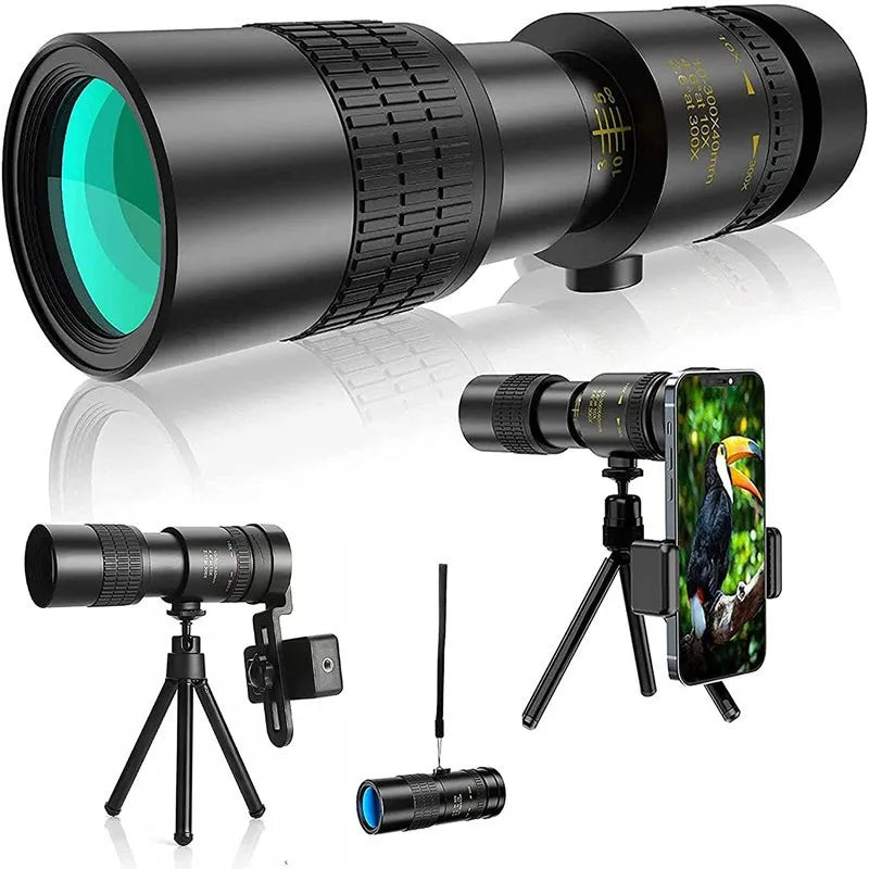 Telescopio Monocular HD de 300x30 Potente con Trípode y Clip para Teléfono