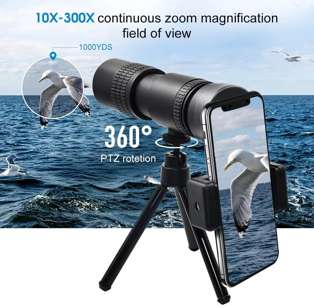 Telescopio Monocular HD de 300x30 Potente con Trípode y Clip para Teléfono